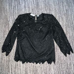 Laurence Kazar Women’s Size Medium‎ Beaded Blouse Jagged Zig Zag Hem 3/4 Sleeve